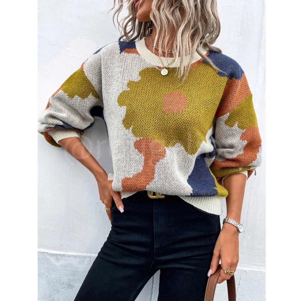 Floral Print Pullover Knit Sweater Multicolor Crew Neck Long Sleeve - Picture 4 of 7
